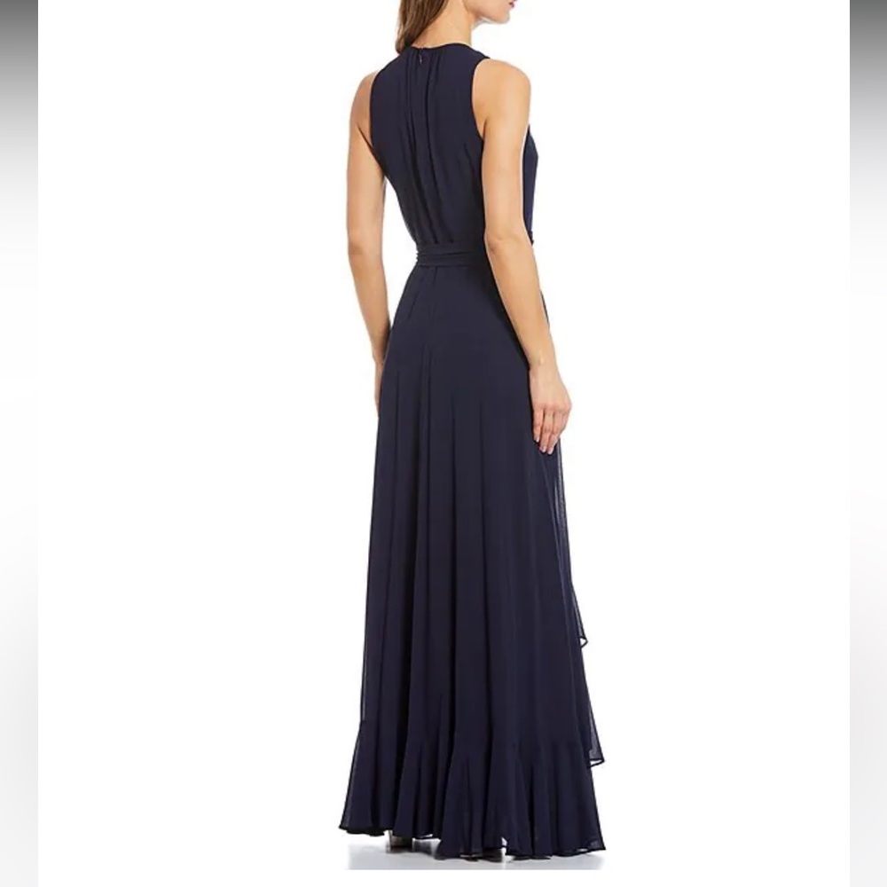 Colette Sleeveless Keyhole Crew Neck Tie Waist Ruffle Front Maxi Gown Navy